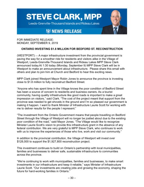 Release - Ontario investing $1.8 million for Bedford Street reconstruction