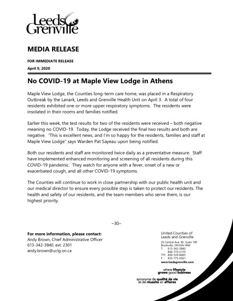 News Release - No COVID at MVL - April 9 2020 copy